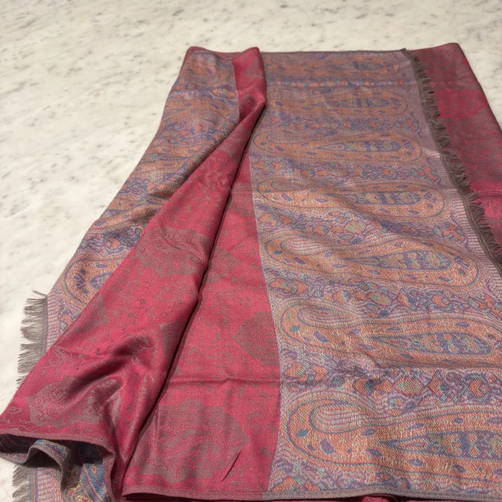 Paisley Shawl Scarf‎ Wrap Large Pink Blue Gold Metallic Fringe